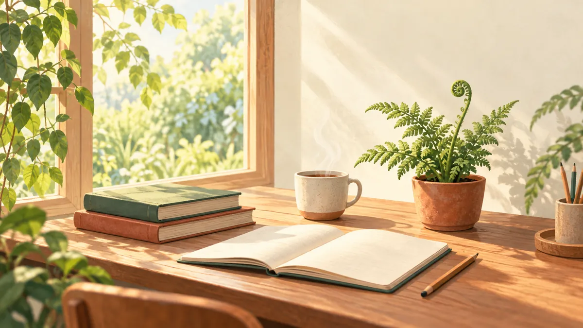 A sunny study desk by a window, with books and a young fern unfurling.